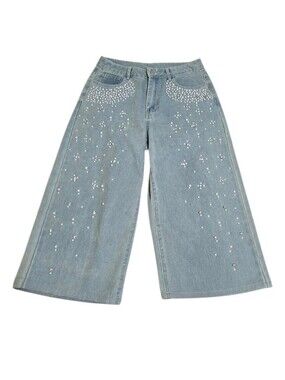 Y2K Pearl Embellished Wide Leg Cropped Jeans Rhinestone Denim 31